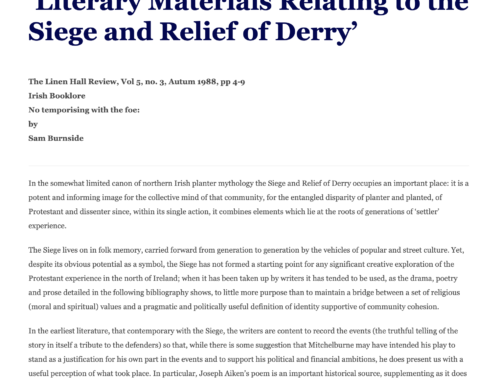 Literary Materials Relating to the Siege and Relief of Derry